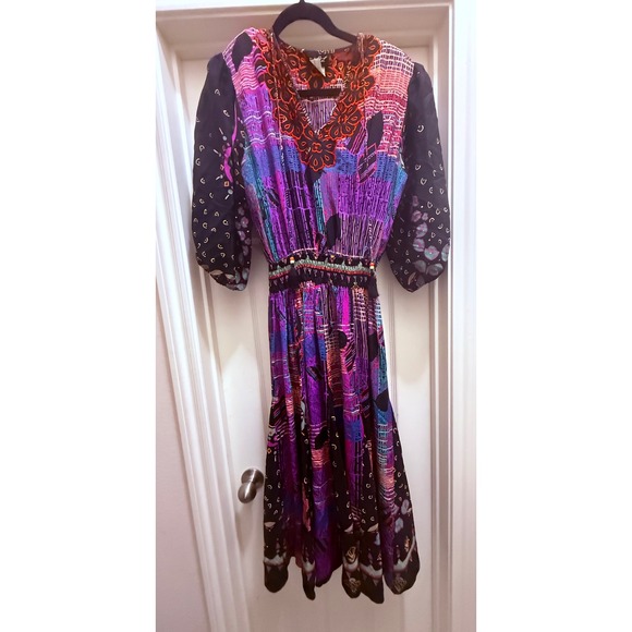 Diane Freis Dresses & Skirts - Diane Freis Vintage 100% Silk Mixed Print Embroidered Smocked Midi Dress LIMITED